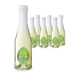 Geschenkartikel / Präsentartikel: Oster-Piccolo - 6 x Secco Piccolo 0,2 l - Flasche klar, Kapsel weiß