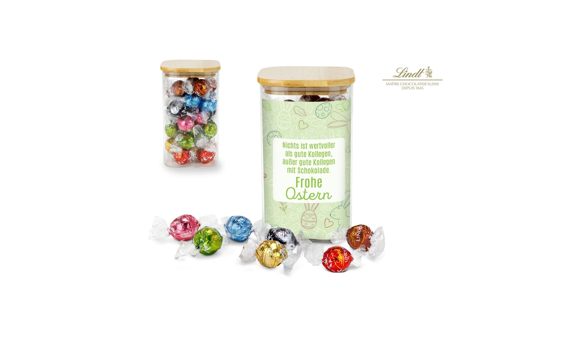 Geschenkset / Präsenteset: Lindor Team-Glas Frohe Ostern