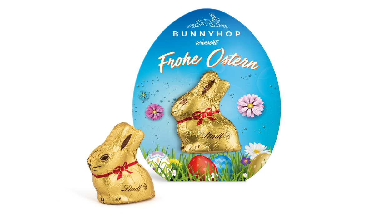 Ostergeschenk: Lindt Mini Goldhase in Osterei-Werbekartonage